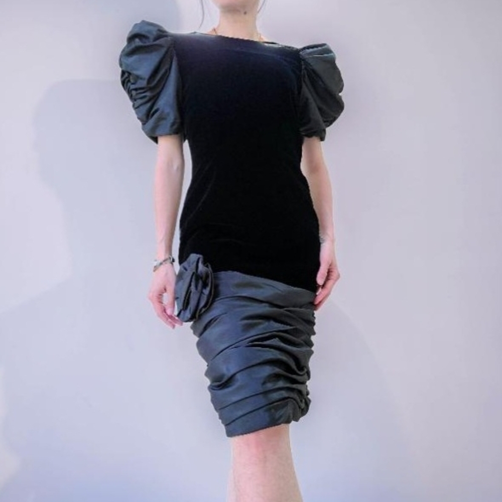 Nili Martin Vintage Velvet Evening Dress Puff Sleeve Rose Dress Size 4